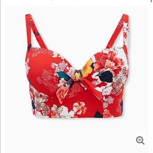 Red floral tie front underwire bikini TOP ONLY